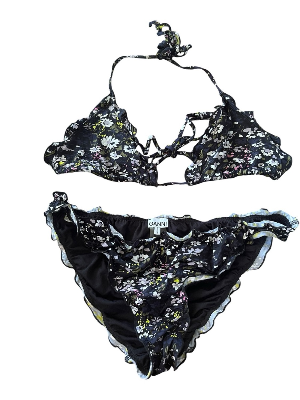 GANNI Floral Ruffle Bikini Set Black Daisy Print Top 40 Bottom 38